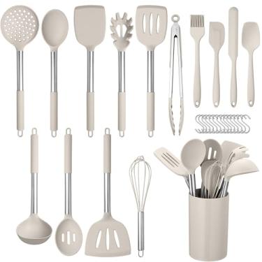 Imagem de HaWare Conjunto de utensílios de cozinha de silicone com 29 peças, resistente ao calor, com alça de aço inoxidável, conjuntos de espátulas com suporte e ganchos, utensílios de cozinha para panelas