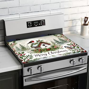 Imagem de BVBOX Capa superior de fogão de Natal para fogão elétrico 71 x 50 cm, capas de vidro para fogão a gás, tapete protetor de fogão decorativo lavável para cozinha doméstica (floresta verde, 71 x 50 cm)