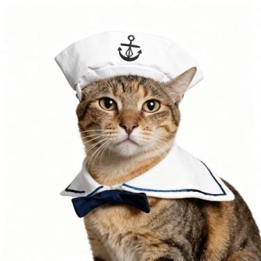 Imagem de Enjoying Fantasia de marinheiro de gato, fantasia de marinheiro de Halloween para cães pequenos com gravata, fantasia azul marinho ajustável para gatos, cachorrinhos, coelhos, cosplay