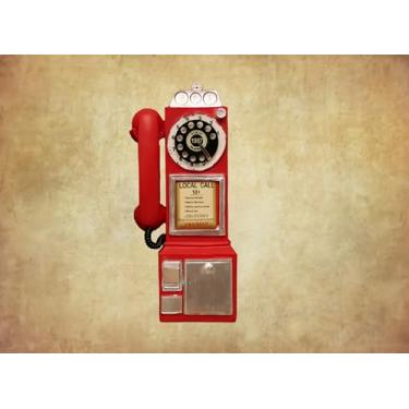 Imagem de Ornamentos de telefone vintage, mostrador clássico giratório antigo, modelo de telefone com fio retrô para decoração de bar, restaurante, café, sala de estar (vermelho)