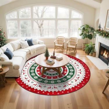 Imagem de U'Artlines Tapete redondo lavável de Natal 2,4 m colorido árvore de Natal sino de veado tapete de lavanderia antiderrapante tapete de inverno macio para entrada, sala de estar, quarto