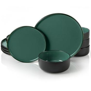 Imagem de Conjunto de louça, serviço de 12 peças para 4, vaso e vaso, pratos de jantar de cerâmica de 26,7 cm, pratos de salada de 21 cm e tigelas de 567 g, grés, micro-ondas e lava-louças, preto/jade, coleção