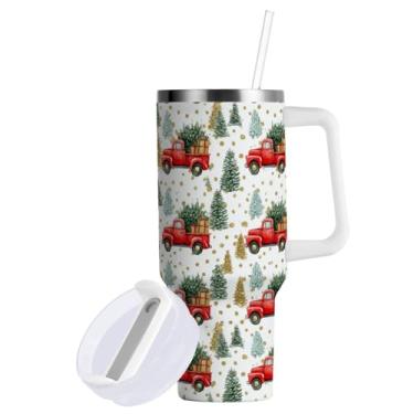 Imagem de Wfrish Copo com alça e tampa de palha, presentes de árvores de Natal, copo de café isolado de 850 g, garrafa de água de aço inoxidável, caneca de viagem, porta-copos, presentes para mulheres e homens