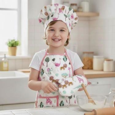 Imagem de Kit Avental Infantil de Cozinha Estampado com Touca e Luva - Mava Enxo
