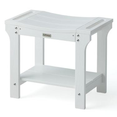 Imagem de Banco de chuveiro impermeável de 51 cm para chuveiro interno, banco de banheiro para barbear pernas, assento de plástico HDPS para cadeira de banho de spa com prateleira de armazenamento, descanso