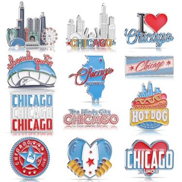 Imagem de Konohan 12 peças de ímãs de Chicago para geladeira metal EUA ímã de geladeira magnético Chicago Lembranças presentes EUA City adesivos magnéticos de geladeira, portão de nuvem, cachorro-quente