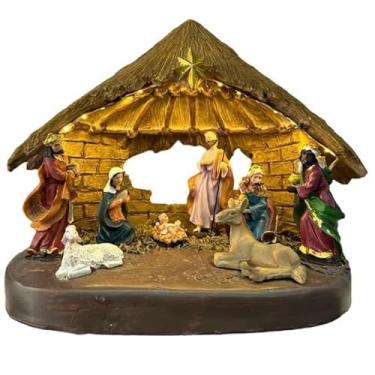 Imagem de Presépio Natalino em Cerâmica, Manjedoura Iluminada com LED, Figuras Decorativas, Estábulo com Telhado de Palha, 28 cm, Marrom