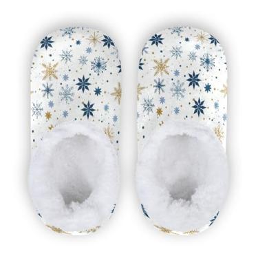 Imagem de Pantufas de neve brancas e azuis douradas estrelas meninos meninas sapatos de inverno crianças chinelos de lã coral chinelos infantis para uso interno externo antiderrapante sapato doméstico P