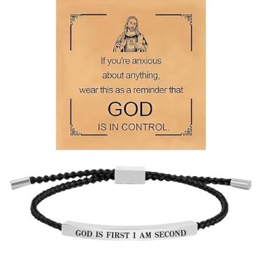 Imagem de Pulseira feminina God Is First I Am Second com corda tubular, ouro, prata, inspirar fé cristã, motivacional, letra feita à mão, bíblia, trançada, ajustável, joia de aço inoxidável para presente, Large