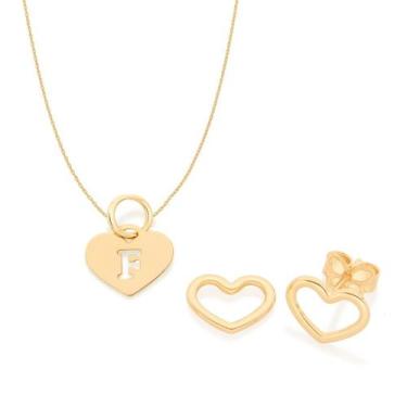 Imagem de Kit Rommanel Brinco Coração Colar 42cm Letra F Pra Presente
