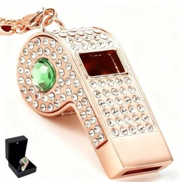 Imagem de PCTC Apito brilhante, apito de metal incrustado de cristal com corrente decorativa, ótimo para árbitros, treinadores, festa e acessório de presente [exterior dourado] (verde)