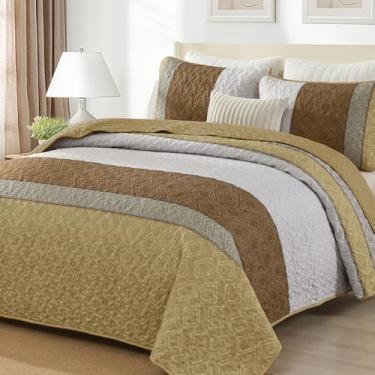 Imagem de Conjunto de colcha de cama queen amarela, xadrez, listrada, boêmio, marrom amarelo, conjunto de cama de microfibra macia com 2 fronhas 244 x 228 cm