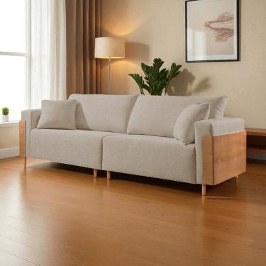 Imagem de Sofá Fixo Heitor 4 Lugares Luxo Pé de Madeira 2,40m Castellar Móbile Linho Bege