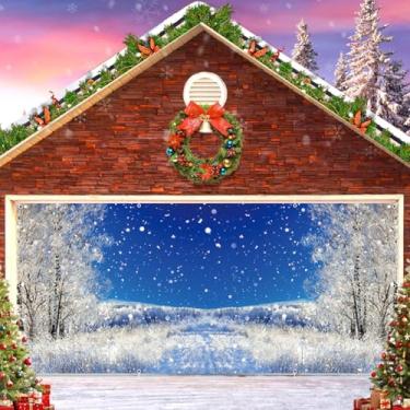 Imagem de Capa para decoração de porta de garagem de Natal Winter Wonderland, banner, grande, 2 capas de porta de garagem de carro, caminho de floresta de inverno, decoração mural de floco de neve para