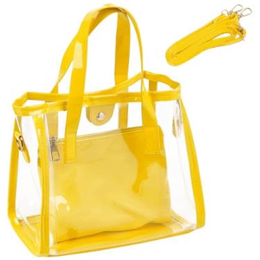 Imagem de DODAMOUR Bolsa transparente com mini bolsa, bolsa transversal de ombro transparente com alça ajustável, bolsa de mão de 2 peças, bolsa estilosa aprovada para estádio (borda amarela)