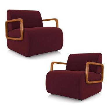 Imagem de Kit 2 Poltronas Decorativa Sala de Estar Odessa Braços em Madeira Veludo Bordô G33 - Gran Belo