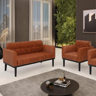 Imagem de Conjunto Poltrona e Namoradeira Decorativa Karen Pés Fixo em Madeira Preto Pu Nozes G19 - Gran Belo