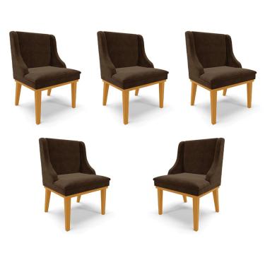 Imagem de Kit 5 Cadeiras Decorativas Sala de Jantar Base Fixa de Madeira Firenze Suede Marrom/Castanho G19 - Gran Belo