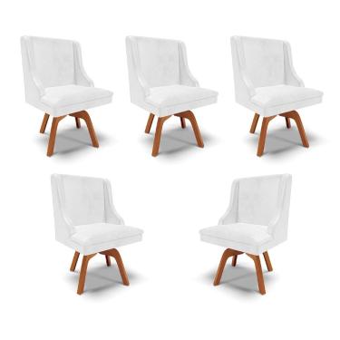 Imagem de Kit 5 Cadeiras Decorativas Sala de Jantar Base Giratória de Madeira Firenze PU Branco Brilho/Natural G19 - Gran Belo