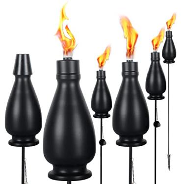 Imagem de DIKAIDA Pacote com 6 tochas de luz ao ar livre 152,4 cm lanterna de iluminação externa com chama cintilante, lanterna de metal para fora, tochas de citronela para camping jardim pátio caminho (preto jato)