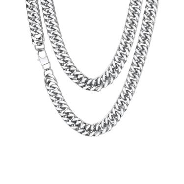 Imagem de Colar ChainsHouse 5 mm-13,5 mm Miami Link Aço inoxidável/Correntes cubanas banhadas a ouro 18 K para homens e mulheres, 45,7 a 76,2 cm, caixa de presente Prata