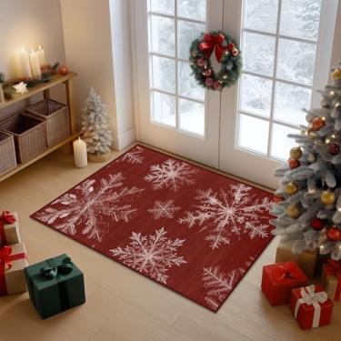 Imagem de FMFUNCTEX Tapete de entrada de Natal 5 x 7 cm vermelho floco de neve lavável tapete antiderrapante baixo tapete interior macio férias pequenos tapetes para entrada entrada quarto cozinha banheiro