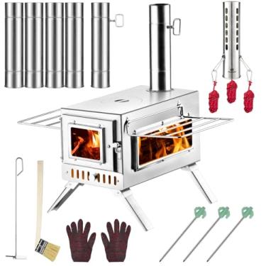Imagem de Fogão de barraca quente, fogão AVOFOREST 304 de aço inoxidável, fogão a lenha portátil com 6 canos de chaminé de aço inoxidável para aquecimento e cozimento ao ar livre, pesca no gelo, caça