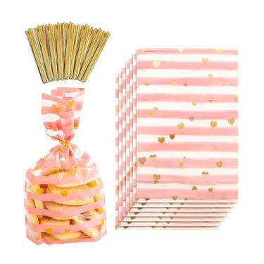 Imagem de Pacote com 100 sacos de celofane, 12,7 x 21,1 cm, rosa resseláveis, sacos de festa para presente de comida de violoncelo com laços torcidos para biscoitos de pipoca, sobremesa