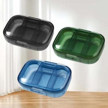 Imagem de Pacote com 3 organizadores de comprimidos com 3 compartimentos – Estojos de viagem à prova de umidade para vitaminas e suplementos (portátil e compacto) (preto azul verde)