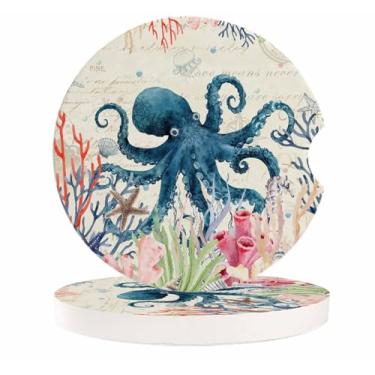 Imagem de Porta-copos para carro, 2 unidades, retrô, oceano, polvo, azul, verão, praia, suporte para copo de carro, pedra de cerâmica absorvente com entalhe de dedo, porta-copos náuticos costeiros de estrelas