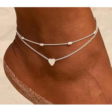 Imagem de Tornozeleiras femininas à prova d'água de ouro/prata 14K, elos cubanos, conjunto de tornozeleiras em camadas com contas de coração e strass para presente, Medium, Latão, Sem Pedra Preciosa
