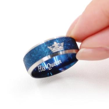 Imagem de Anéis de casal His Queen Her King Crown de aço inoxidável | Anéis combinando com acabamento escovado para homens e mulheres | Opções de ouro e azul | Tamanhos 6-11, Aço inoxidável, Sem pedra preciosa