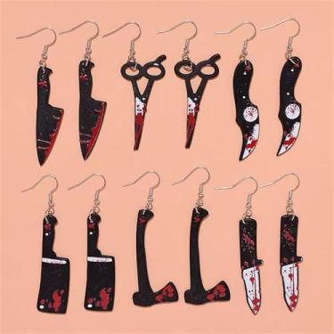 Imagem de 6 pares de brincos de punhal de faca para mulheres, gótico, punk, tesoura, serra, sangue, brincos pendurados, Halloween, terror, cosplay, joias, presentes, Middle, Acrílico, Sem pedra preciosa