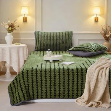 Imagem de Conjunto de colcha de veludo boêmio de luxo de 3 peças, tamanho Queen, conjunto de colcha boêmia decorativa leve para todas as estações, cobertor macio com 2 fronhas, verde