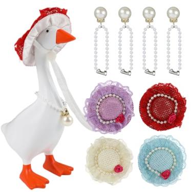 Imagem de LuneClat Mini roupas de ganso de mesa – 12 peças de roupa de ganso de varanda com pequeno chapéu de pérola para decoração de fantasia de 17,8 cm, porta-chaves de pato de mesa