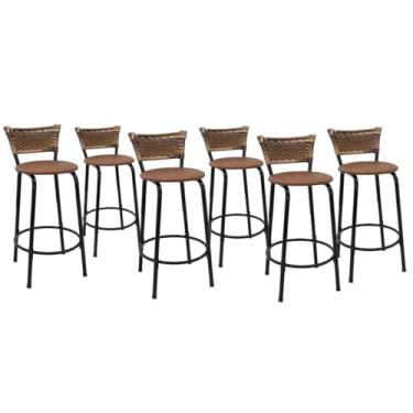 Imagem de Kit com 6 Banquetas 60cm Estrutura Preta Encosto Cappuccino Ideal Para Balcão Ilha Bancada Área de Lazer Cozinha Gourmet Bar Lanchonete Piscina (Assento Marrom Claro)