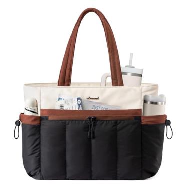 Imagem de LOVEVOOK Bolsa acolchoada para mulheres, bolsa de trabalho ultraleve com compartimentos organizados, 15,6/43,9 cm, mala de viagem e bolsa de ginástica, Marrom creme e caramelo, 15.6 Inch