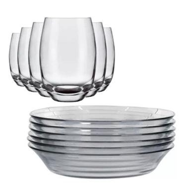 Imagem de Jogo De 6 Pratos E 6 Copos Vidro Elegante Buffet Restaurante