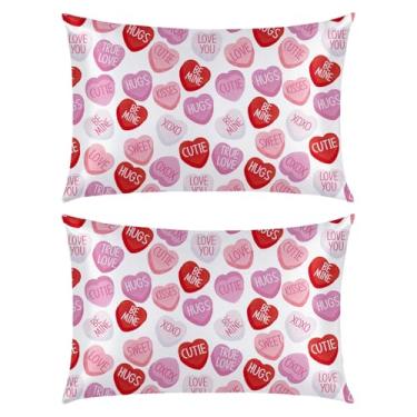 Imagem de Horaldaily Valentine King Size Conjunto de 2 fronhas de cetim para pele e cabelo, corações rosa com palavras suaves e suaves semelhantes a fronhas de seda para cama de sofá e sofá, presentes ideais