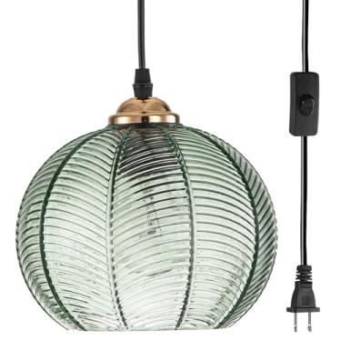 Imagem de Luminária pendente de vidro com plugue de luz de meados do século, lustre moderno com lâmpada de teto e globo com interruptor ON/Off para sala de estar, sala de jantar, quarto, lounge, cozinha, ilha de cozinha, lâmpada pendurada, E26