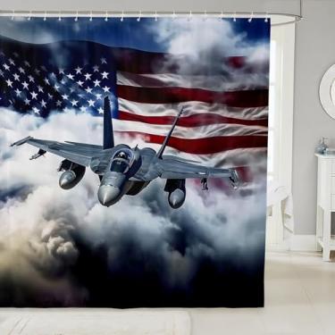 Imagem de Cortinas de chuveiro de aeronaves para banheiras 183 cm L x 183 cm C com 12 ganchos, cortina de banho legal de aeronaves de caça para meninos, cortina de banheiro vintage com bandeira americana à