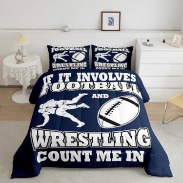 Imagem de Feelyou Jogo de cama solteiro com temática esportiva de futebol americano, ultramacio, feminino, rúgbi, azul, com 1 edredom, 1 fronha, decoração de quarto