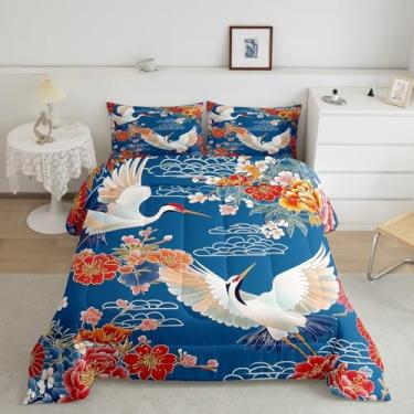 Imagem de jejeloiu Jogo de cama queen com guindaste japonês, estilo oriental asiático, retrô, floral, edredom acolchoado com tema Ukiyo-E, microfibra respirável, azul
