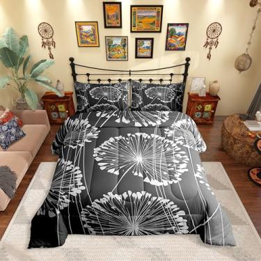 Imagem de Erosebridal Conjunto de edredom de dente-de-leão, tamanho casal, botânico, para crianças, homens, mulheres, estético, branco, cinza claro, conjunto de cama para todas as estações