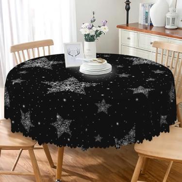 Imagem de TTQYFNM Toalha de mesa redonda de Natal com flocos de neve preta e branca de 177 cm, tecido impermeável resistente a manchas, capa de mesa circular para cozinha, sala de jantar, Natal, Ano Novo