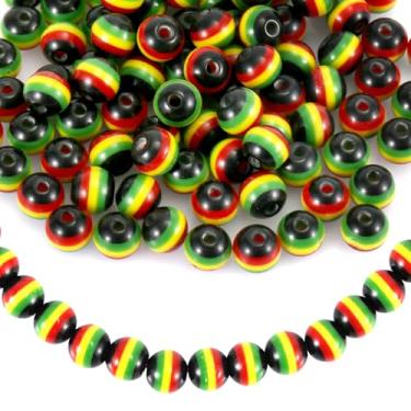 Imagem de 100 contas jamaicas para fabricação de joias, contas listradas multicoloridas de 8 mm de resina rasta redonda africana para colar, brincos, pulseira, ornamentos DIY