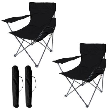 Imagem de 2 Cadeiras Banco Banqueta Pesca Camping Praia Apoio de Braço e Porta Copos Preto Importway Iwcdc-pt