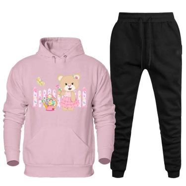 Imagem de Conjunto Abrigo Moletom Canguru Com Capuz Feminino Plus Size Estampa Ursinho Calça Confortavel