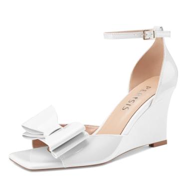 Imagem de Perisis Sandálias femininas de salto com laço aberto, bico quadrado, plataforma, sapatos femininos confortáveis e elegantes para mulheres, Patente branca, 38