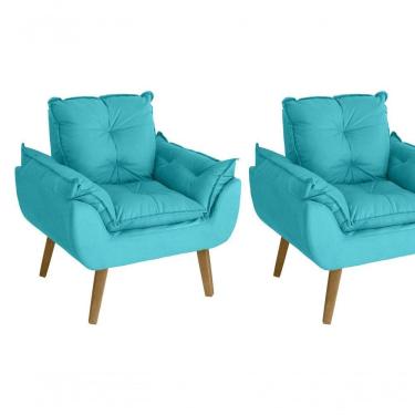 Imagem de Kit 02 Poltrona/cadeira Decorativa Glamour Opala Com Pés Quadrado Azul Turquesa